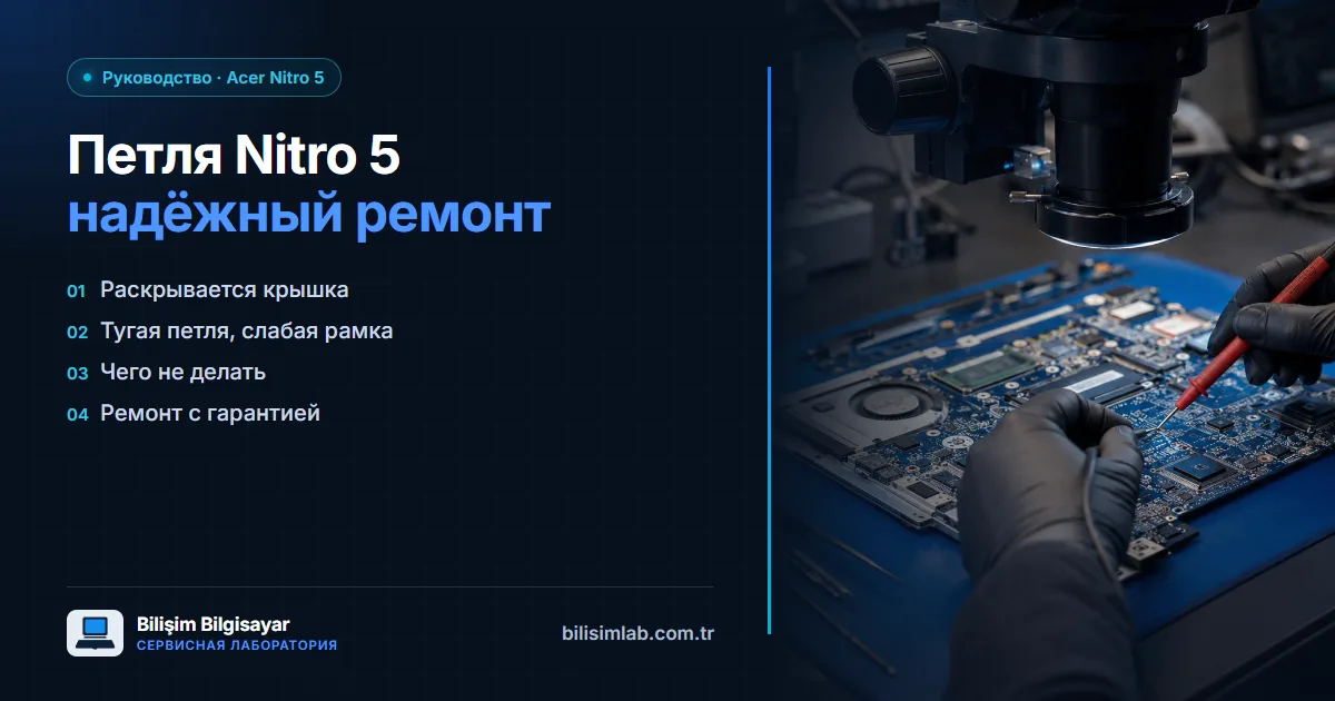 Сломалась петля Acer Nitro 5: крышка раскрывается, рамка трескается — надёжный ремонт