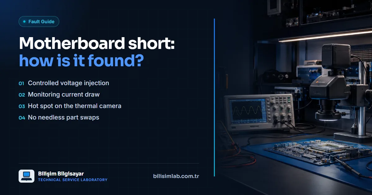 How is a short circuit detected on a motherboard?