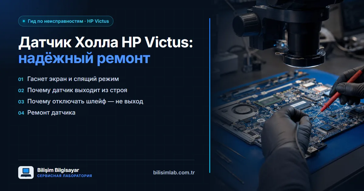 Неисправность датчика Холла в HP Victus: гаснет экран, ноутбук уходит в сон — надёжное решение с гарантией