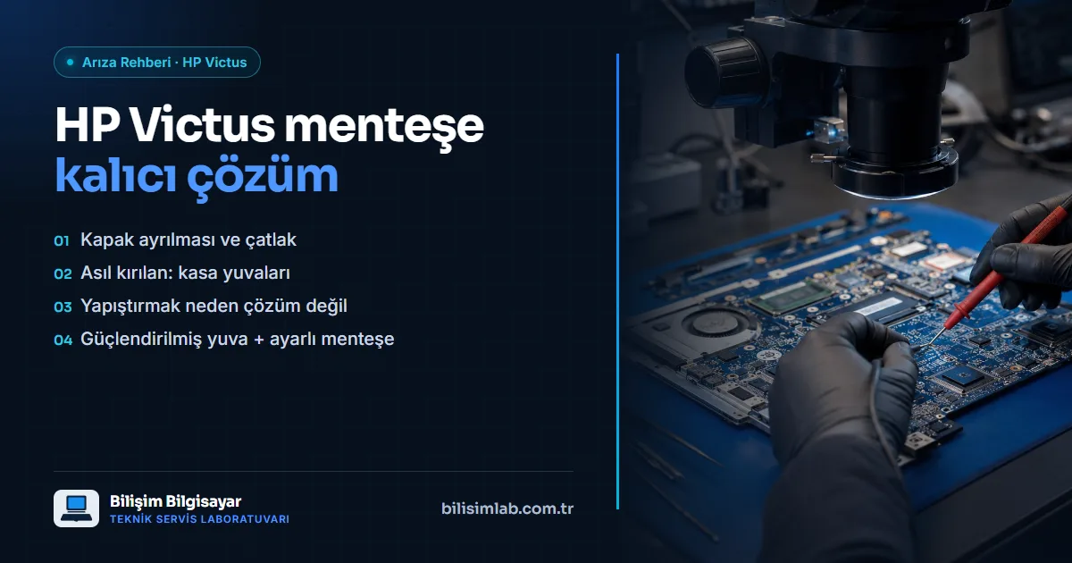 HP Victus menteşe kırılması: ekran kapağı ayrılıyor, kasa açılıyor — garantili kalıcı çözüm