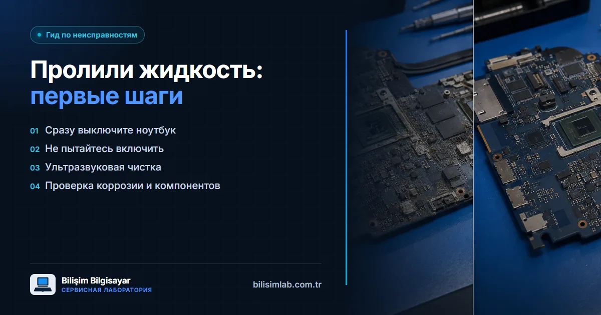 Что нужно сделать в первую очередь с ноутбуком, на который попала жидкость