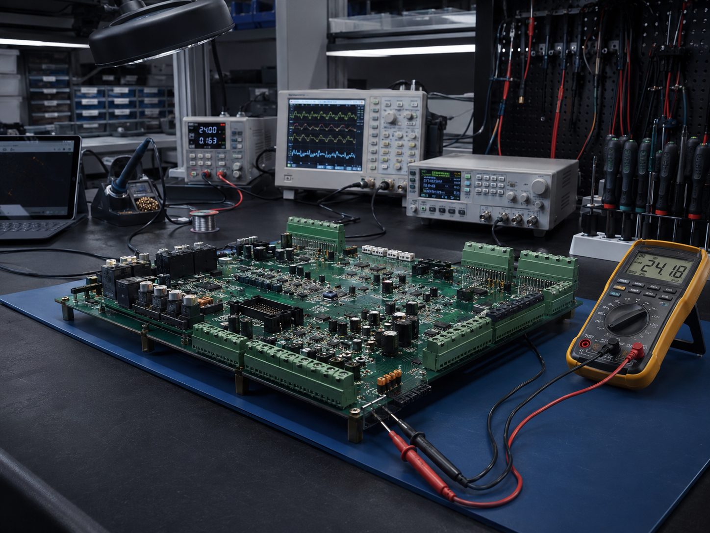 Endüstriyel elektronik kontrol kartının profesyonel laboratuvar ortamında ölçüm ve onarımı