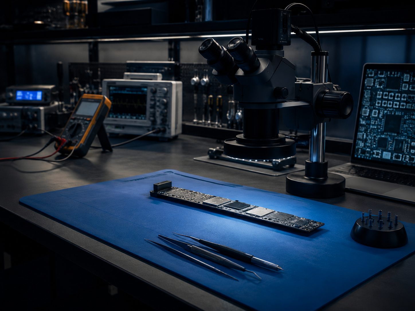 MacBook logic board üzerinde mikroskop altında profesyonel elektronik arıza tespiti
