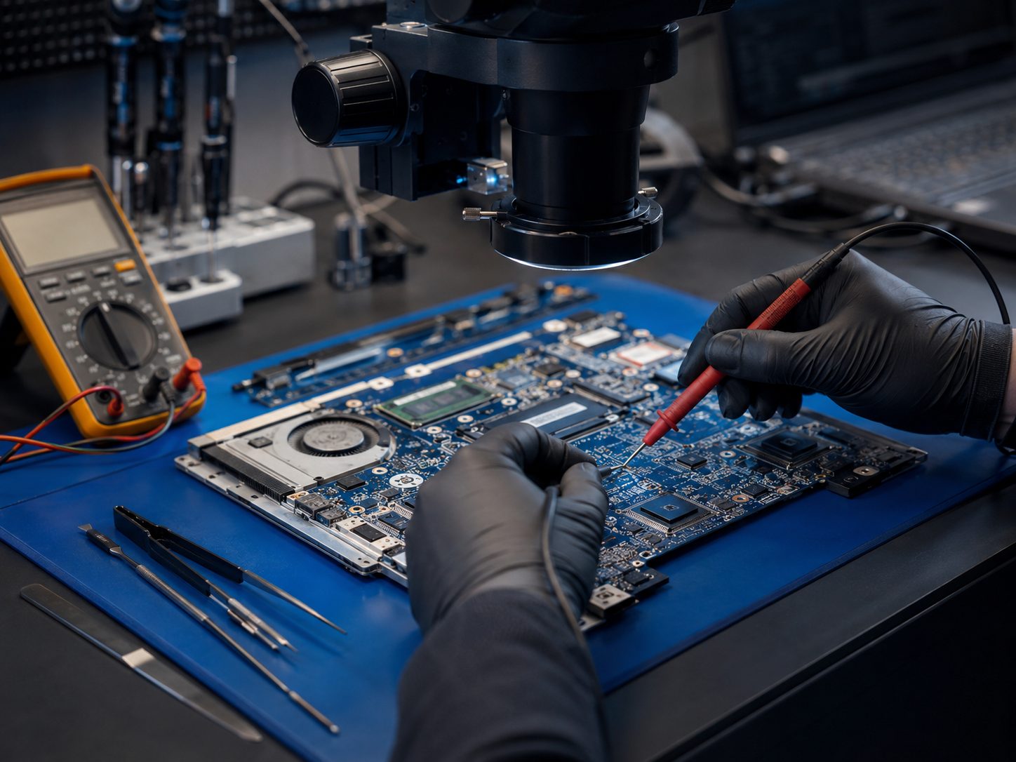 Mikroskop altında laptop anakartı üzerinde hassas elektronik ölçüm ve komponent onarımı